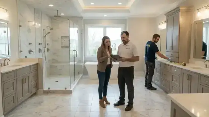 Luxury master bathroom remodel with walk-in shower and custom tile by BuiltWell CT in Connecticut